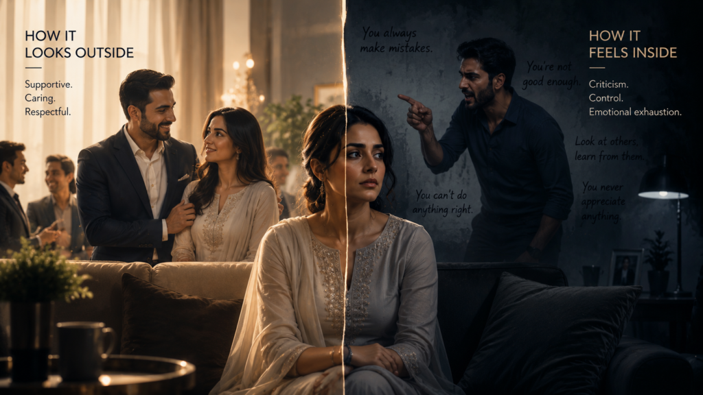 A split scene showing hidden toxicity in relationships, with public support on one side and emotional distance, criticism, and private pain on the other.