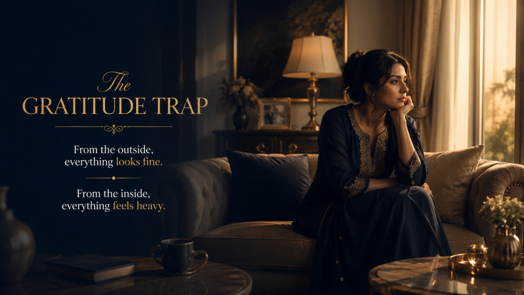 A woman sitting quietly in a comfortable home interior, symbolizing the gratitude trap, emotional heaviness, and material support without emotional safety.