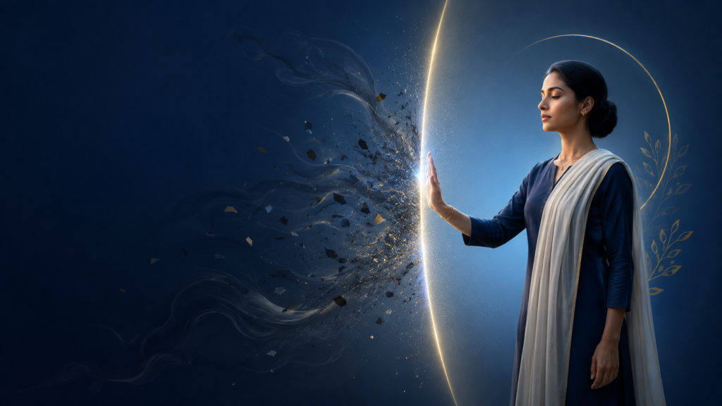 A calm woman standing behind a glowing boundary, representing emotional boundaries, self-respect, and protection from toxic criticism.