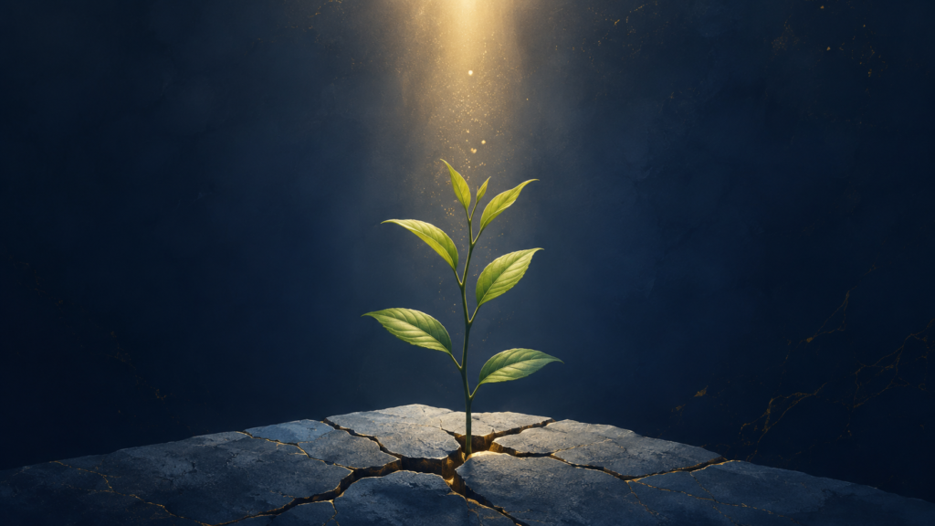 A small green plant growing through cracked stone under golden light, symbolizing quiet strength, resilience, and rebuilding self-worth after emotional toxicity.