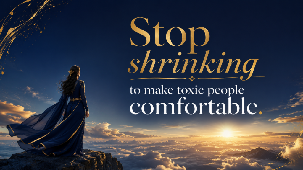 A woman standing above clouds in golden light with the quote, stop shrinking to make toxic people comfortable, symbolizing strength and emotional freedom.